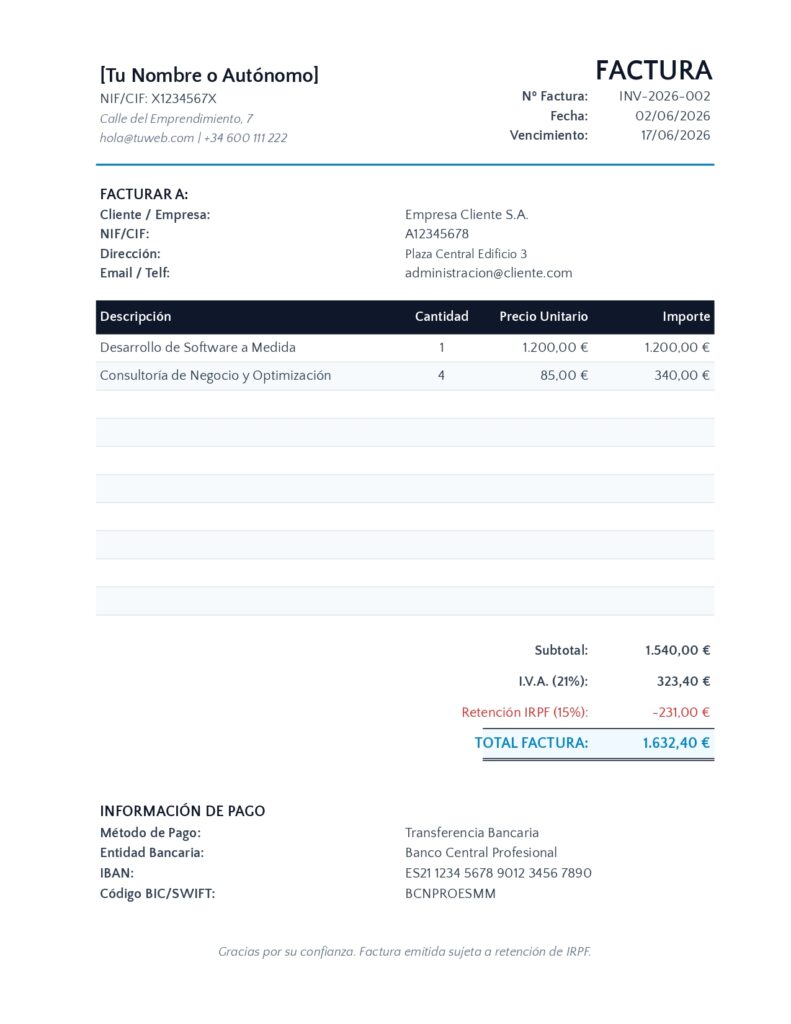 Ejemplo real de factura completa: plantilla descargable de calculadora-sueldo.es